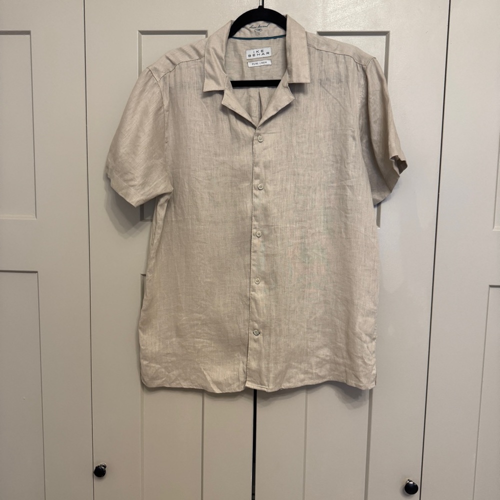 Ike Behar 100% Linen Short Sleeve Button Down Shirt Men’s Large | Neutral Beige